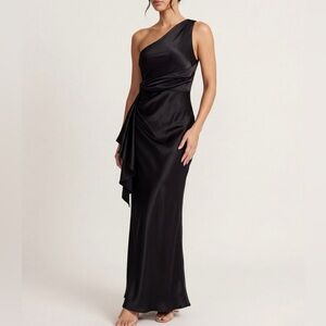 MESHKI Calliope One Shoulder Satin Maxi Dress Black XS